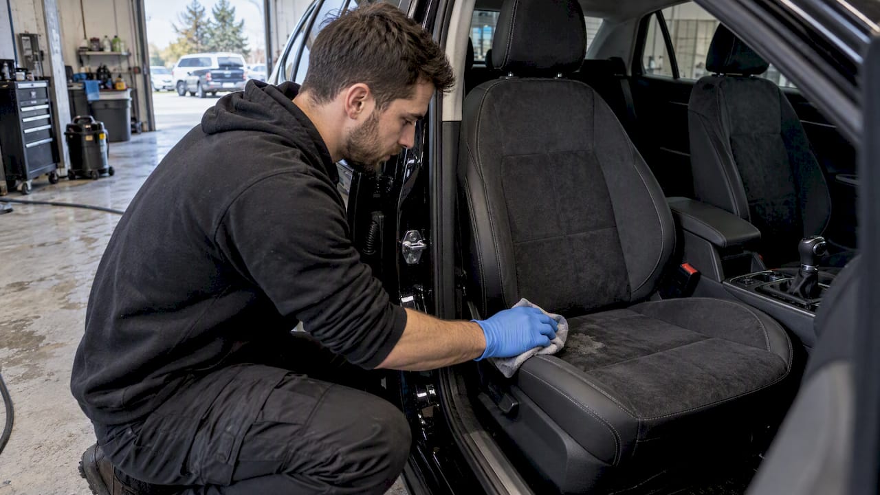 Technician cleaning Alcantara car seat