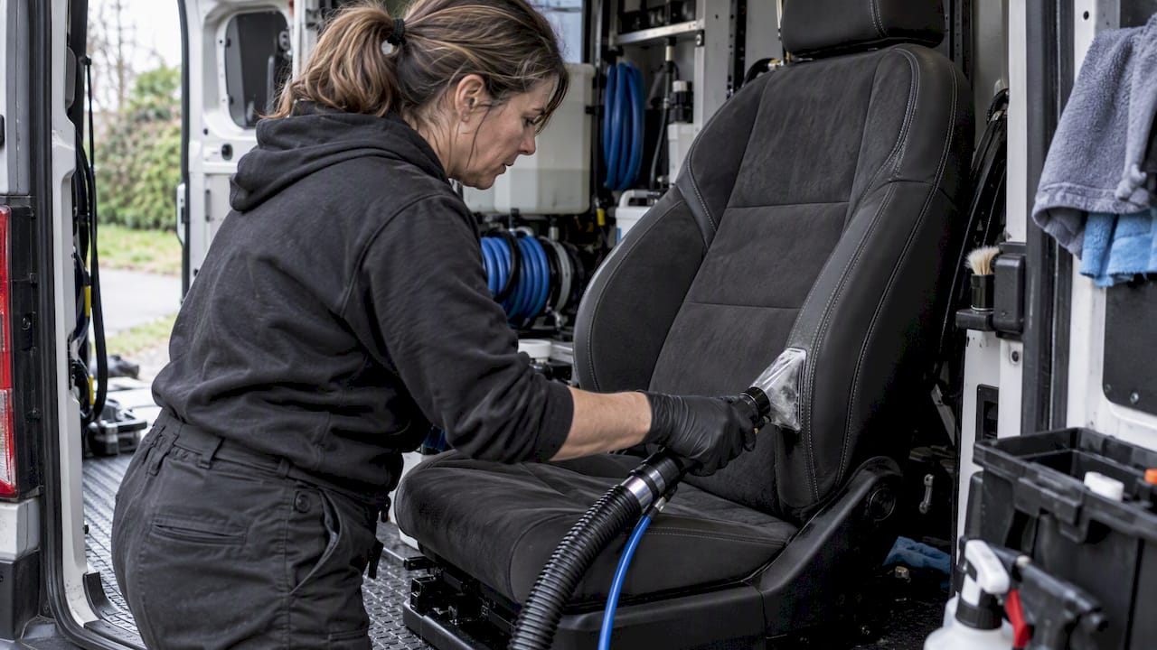 Detailer using extractor on Alcantara seat