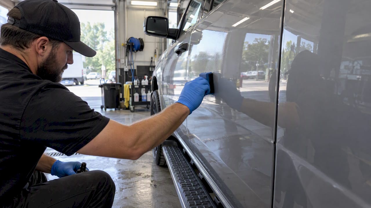 Detailer applying coating to truck panel