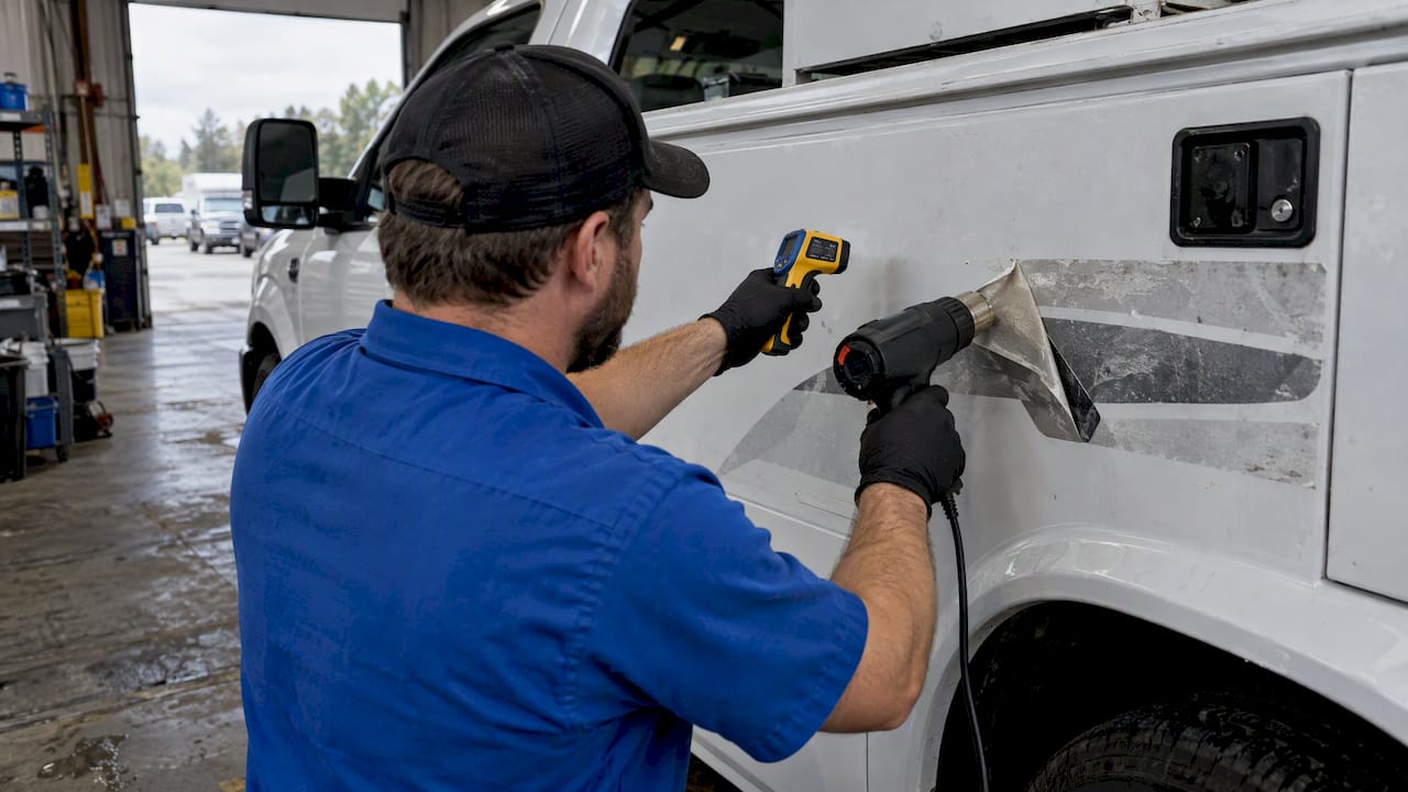 Technician peeling heated decal from truck