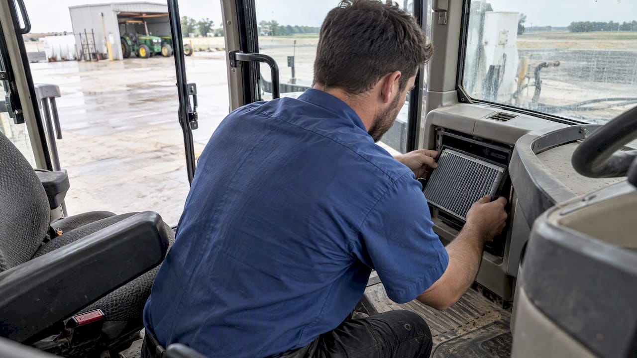 Technician replacing tractor cab carbon filter