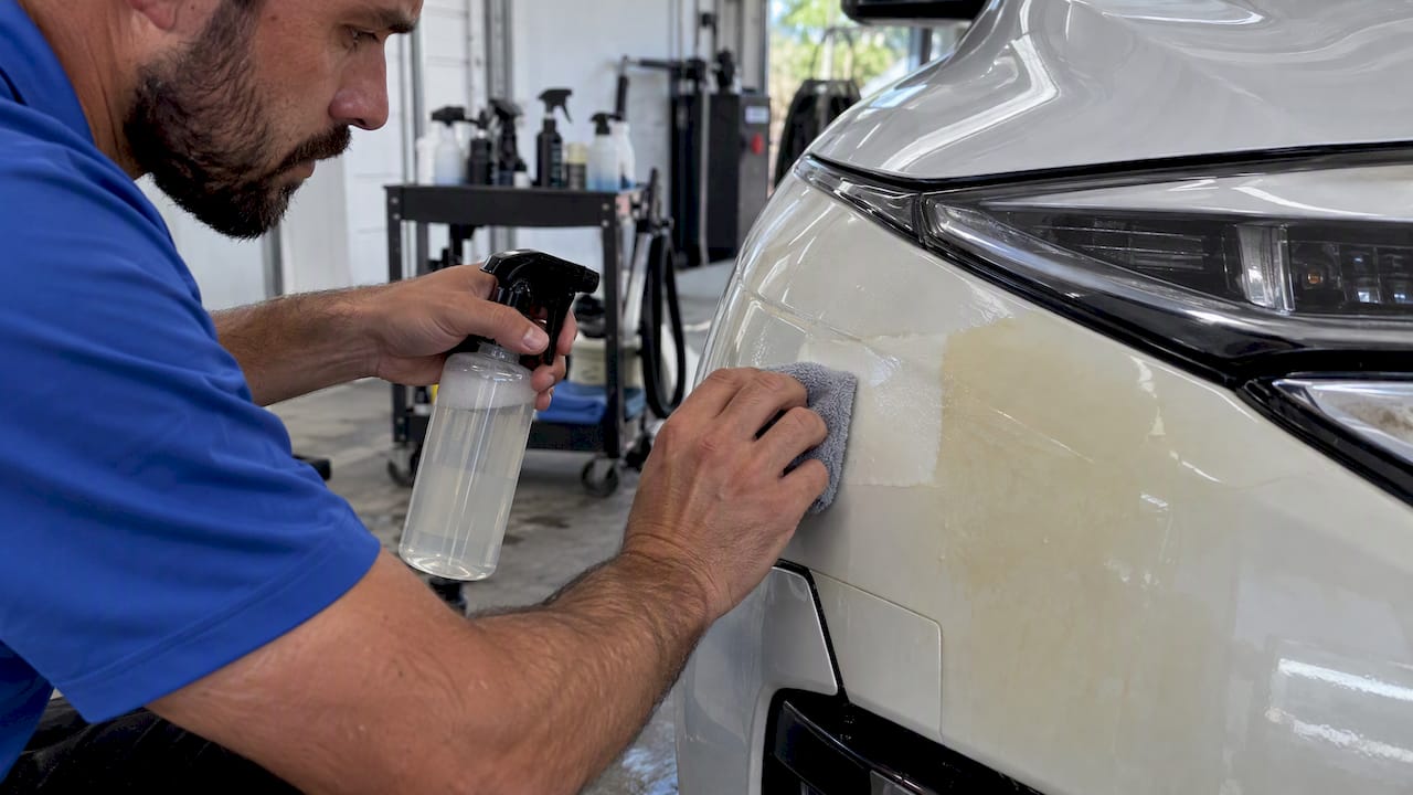Detailer testing yellowed PPF decontamination