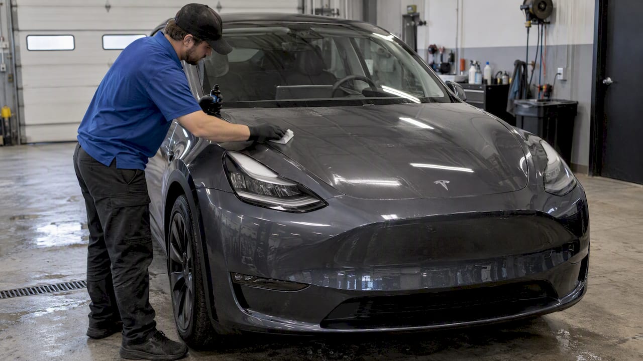 Technician coating Tesla Model Y front end