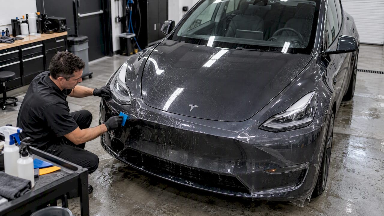 Installer applying PPF to Tesla bumper