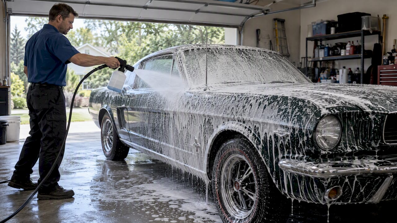 Detailer foams a classic car before washing