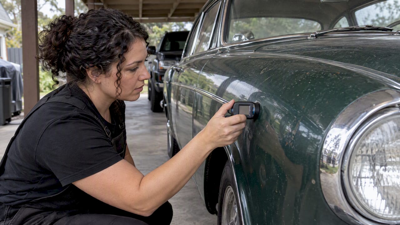 Paint gauge checking a classic car fender