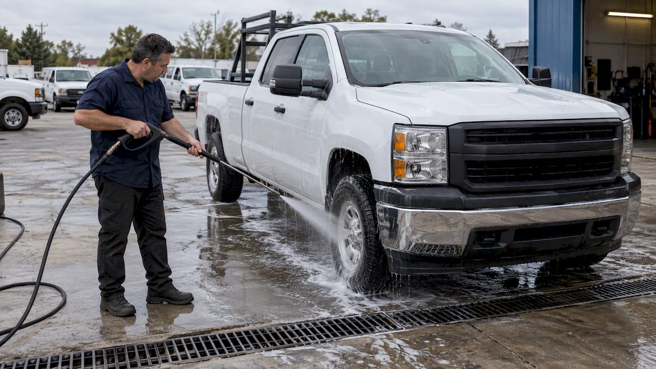 Work truck washed on contained fleet wash pad