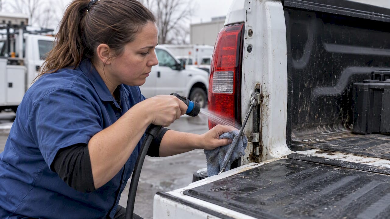 Detailer flushing salt from a truck tailgate seam