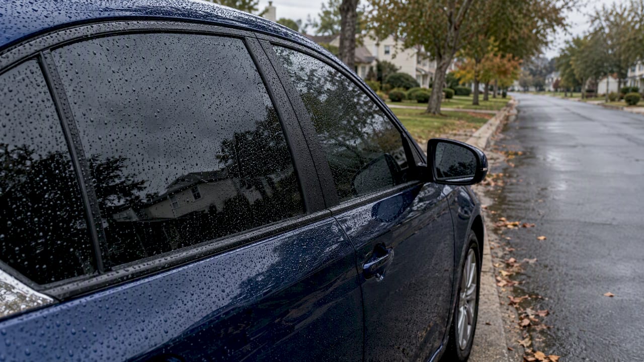 Rain beads on a sedan's tinted side window
