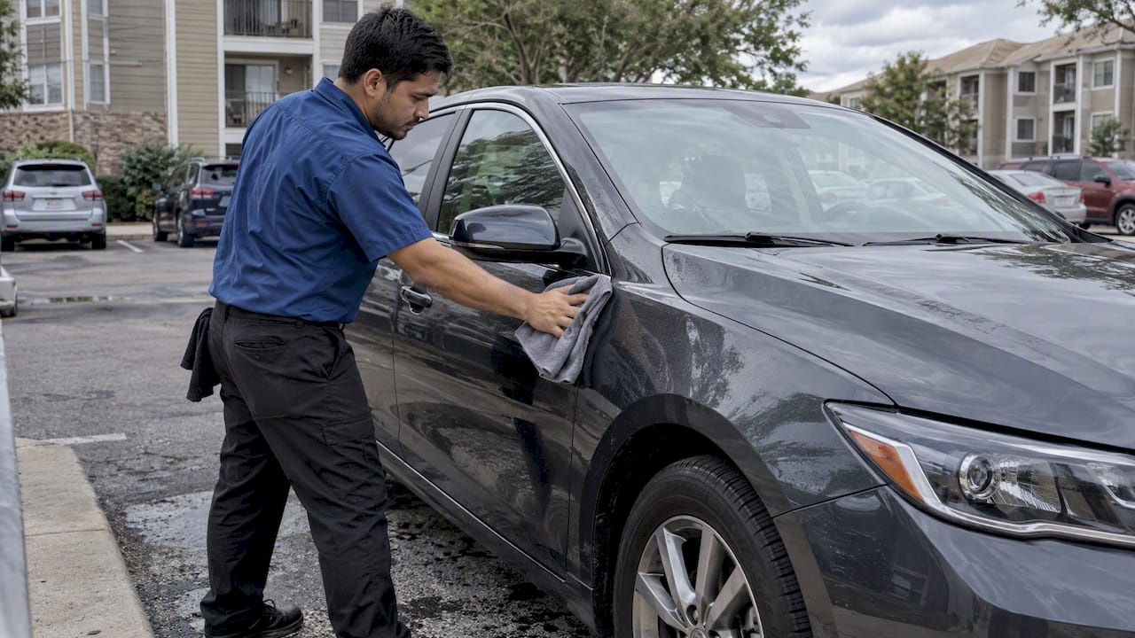 Detailer cleaning a car in an apartment lot
