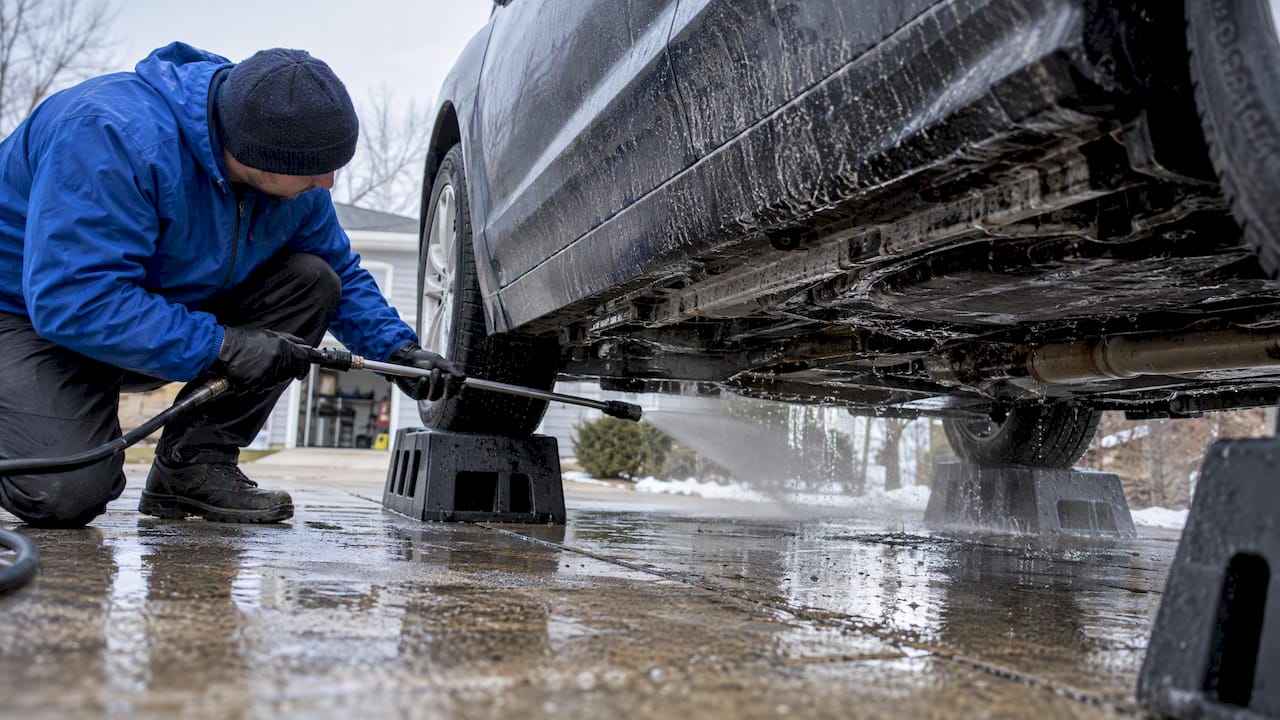 Detailer rinsing salt from a car underbody
