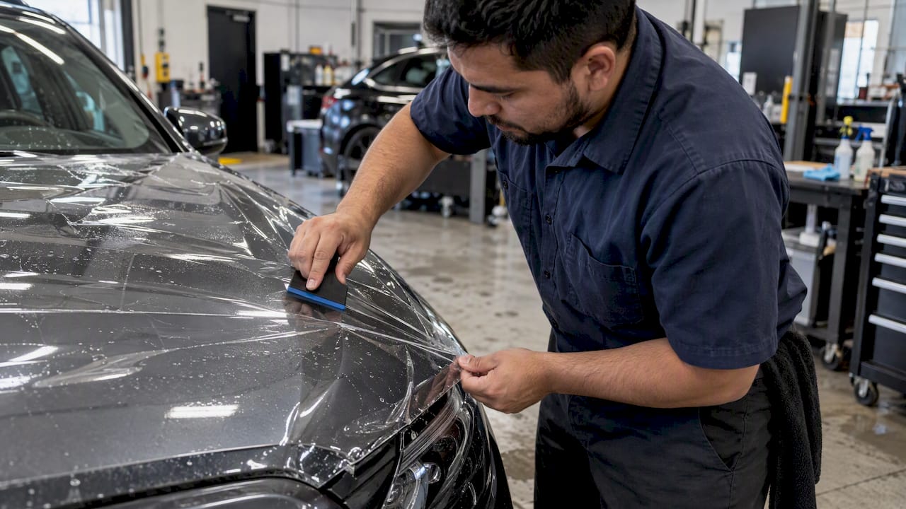 Installer applying clear film to a car hood