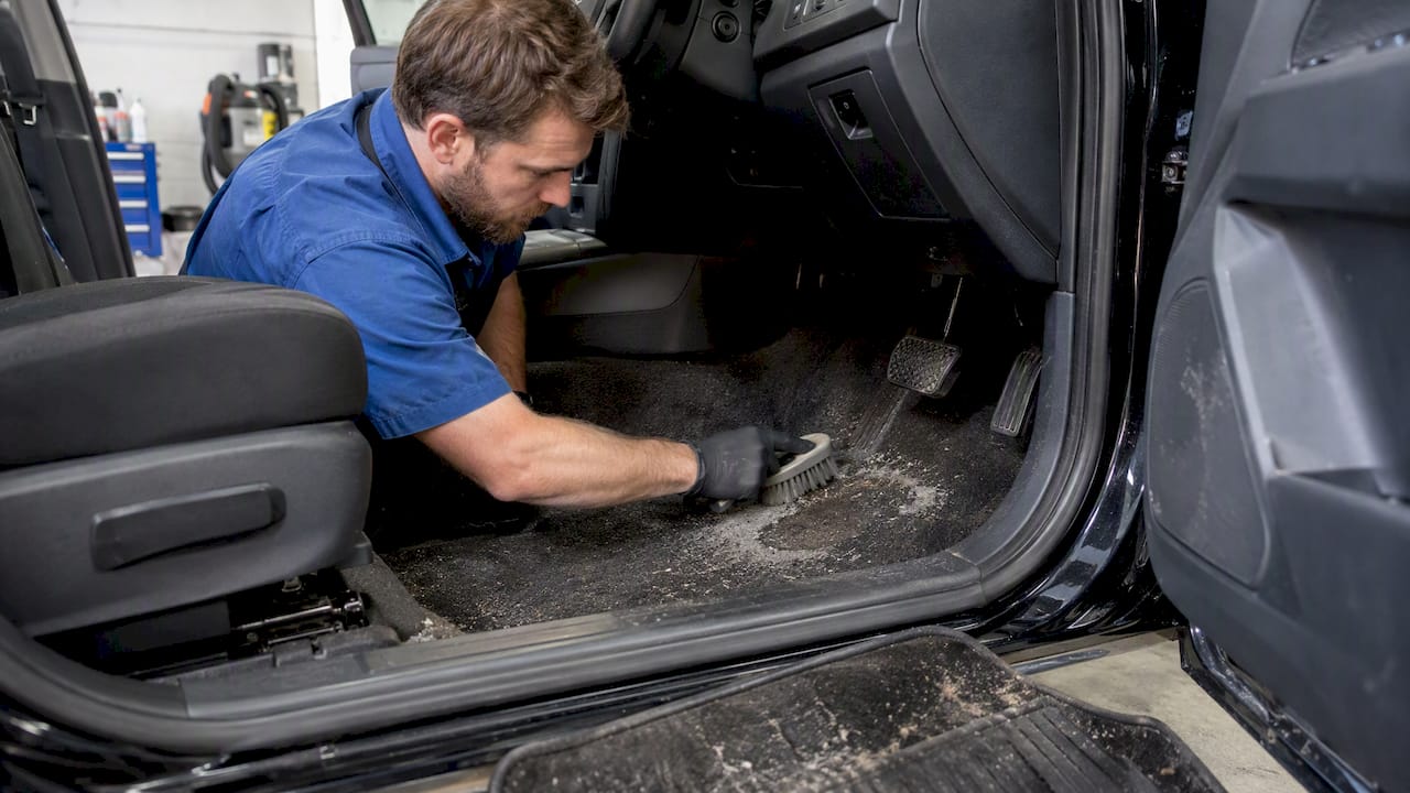 Detailer brushing salt crust from car carpet