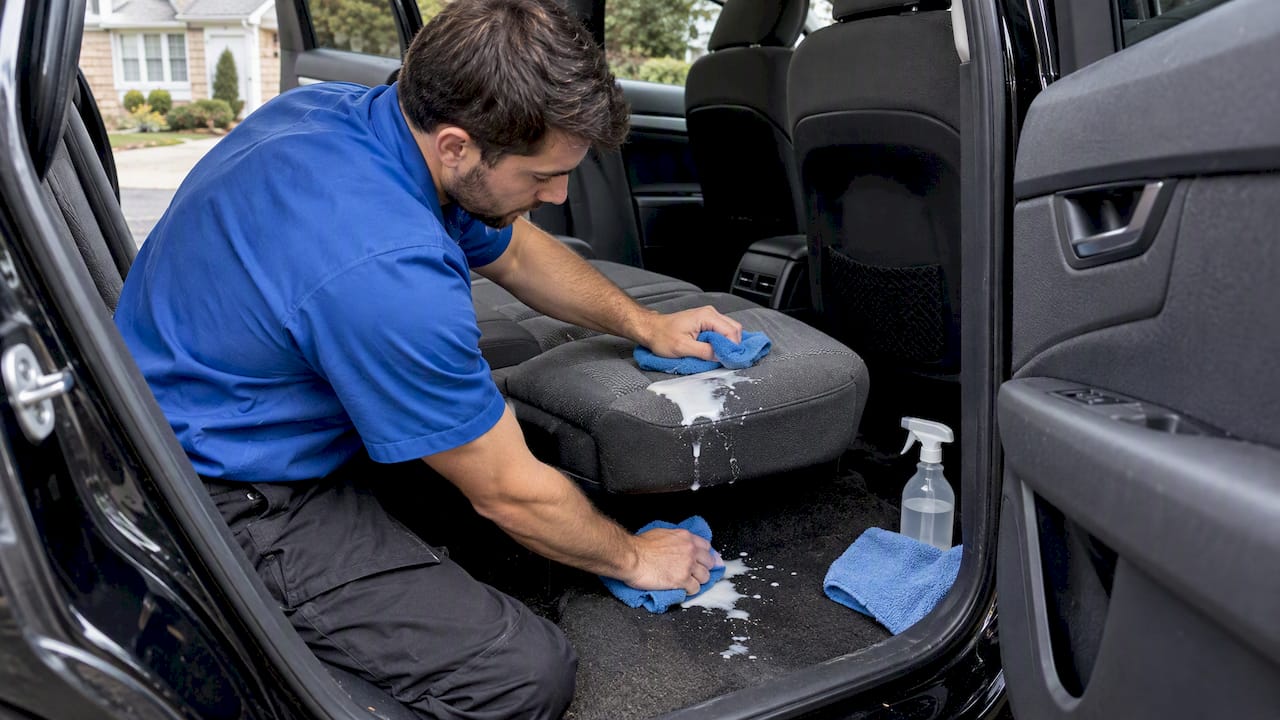 Technician blotting milk from a car seat