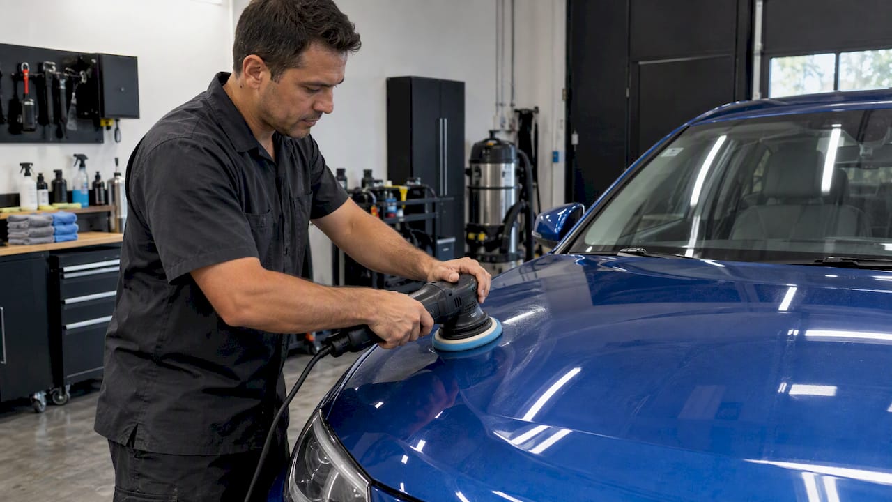 Detailer machine-polishes a blue car panel
