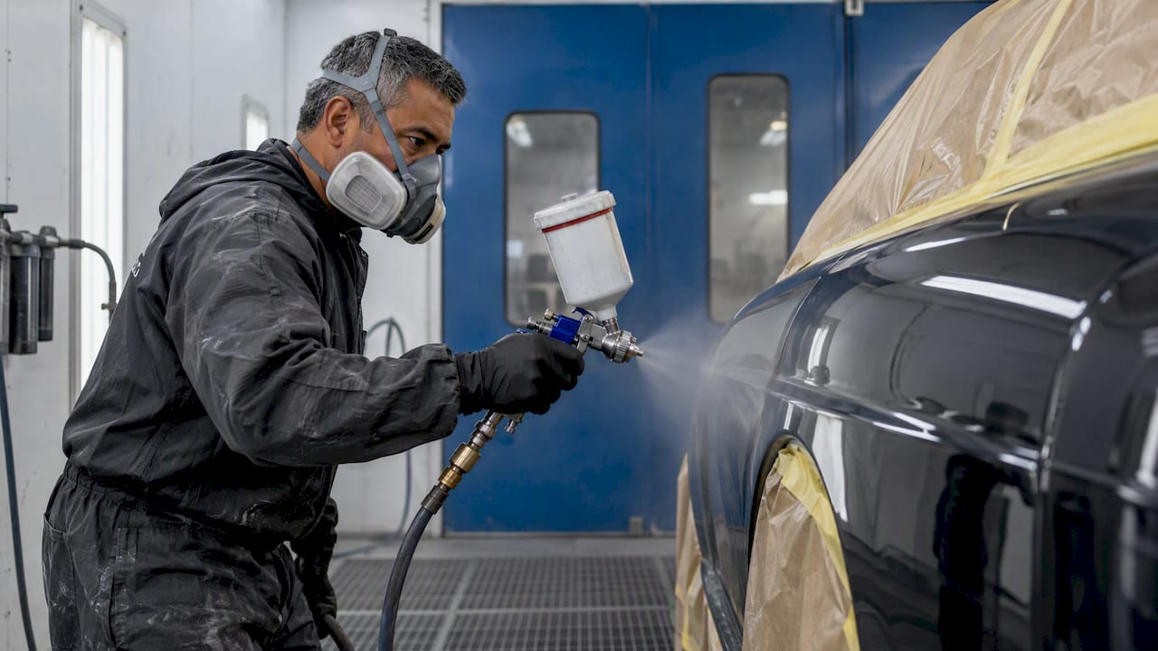Refinisher spraying clear coat on painted panel