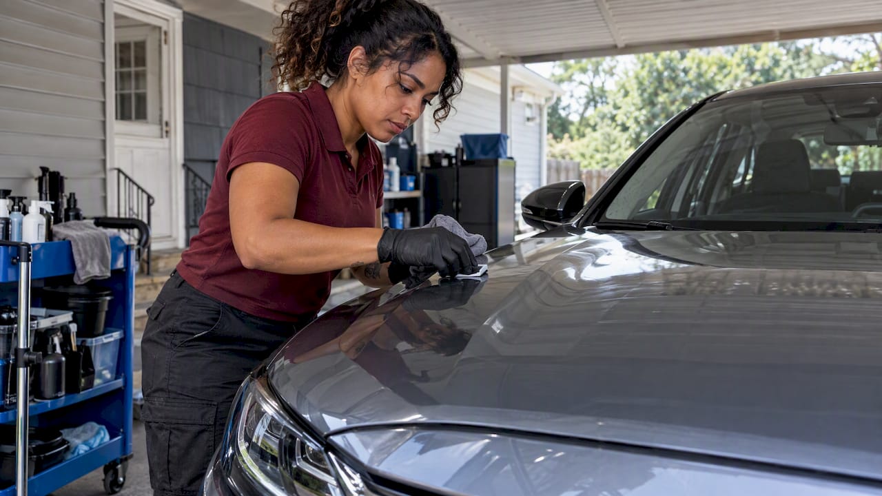 Detailer applying coating to a new car