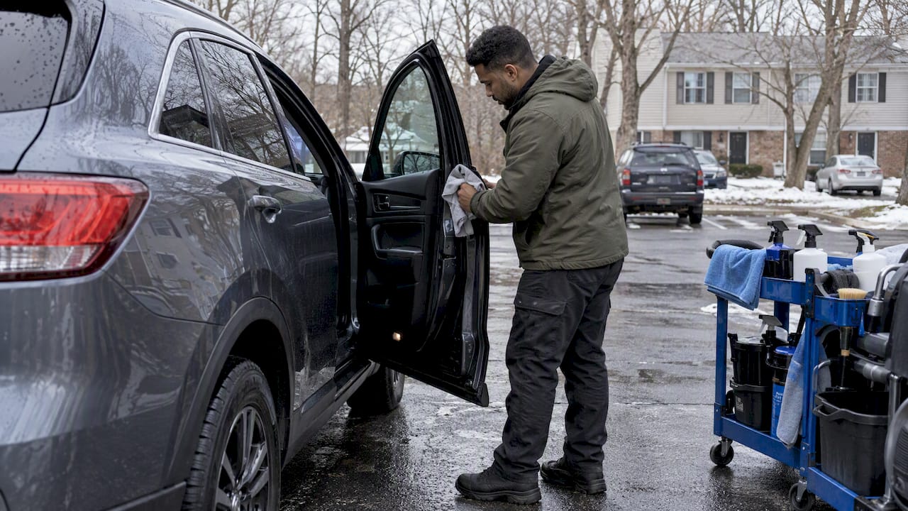 Detailer drying car seals on a winter day