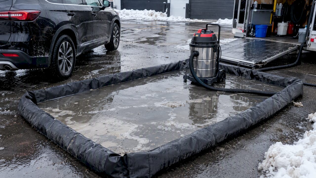 Berm and vacuum containing car wash runoff